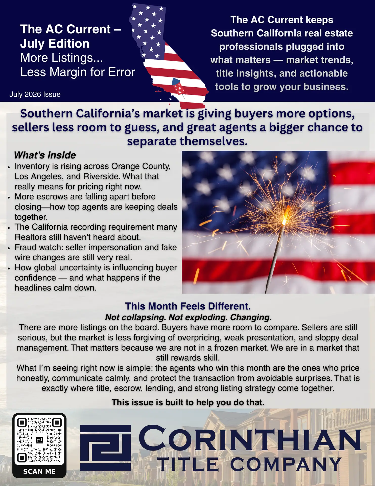 Cover of The AC Current July 2026 newsletter featuring Southern California real estate market updates, title insights, and fraud prevention tips.