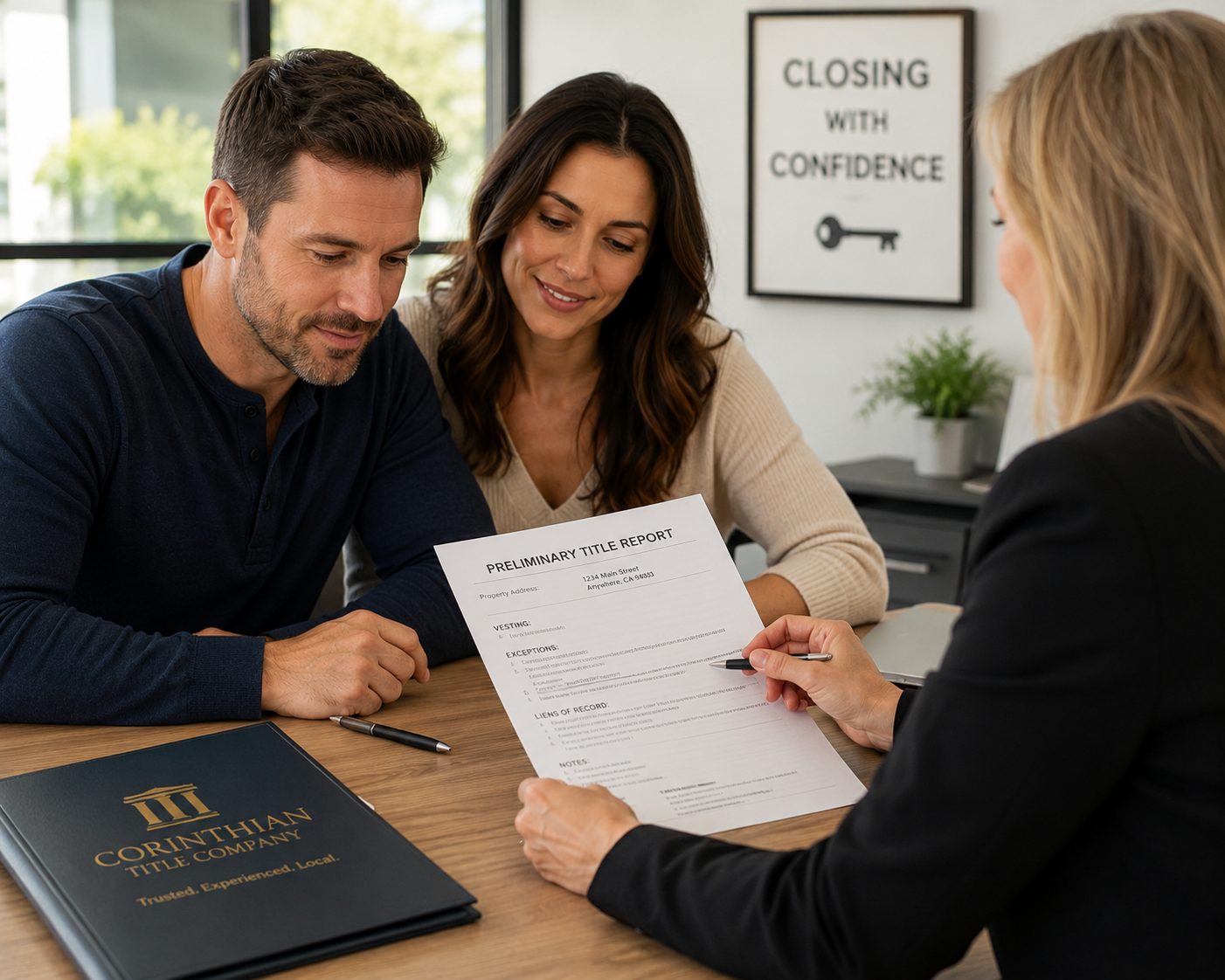 Title professional reviewing a preliminary title report with homeowners during a pre-listing title consultation.