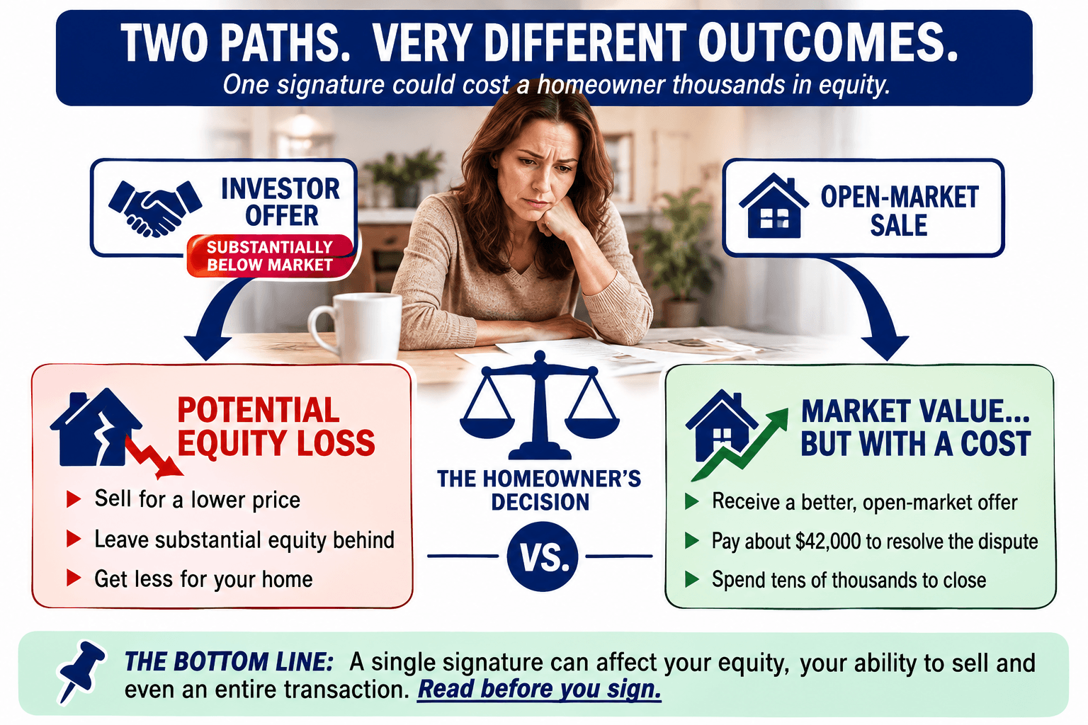 Comparison of a substantially below-market investor offer versus an open-market home sale that required $42,000 to resolve a dispute.