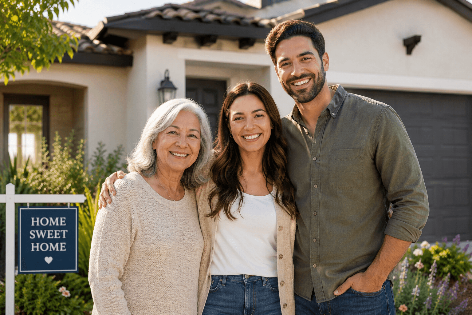 Mother with daughter and son-in-law in front of their new California home, illustrating a Proposition 19 property tax transfer.