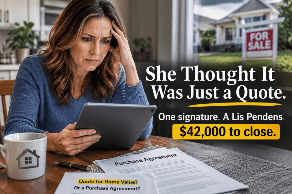 Homeowner reviewing documents before signing as a warning about California real estate scams and misleading agreements.