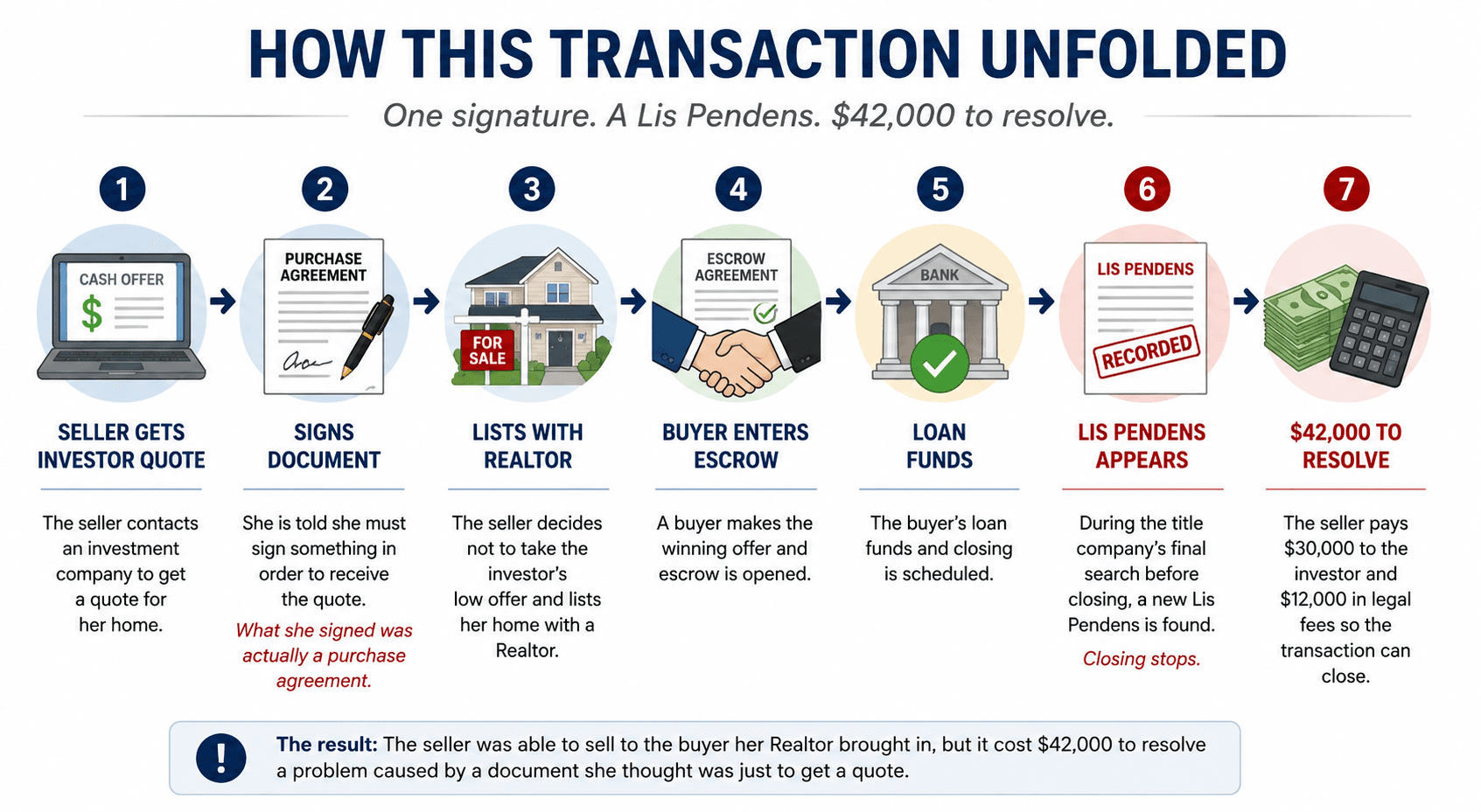 Timeline showing how an investor quote led to a signed purchase agreement, home listing, funded buyer loan, Lis Pendens and $42,000 resolution.