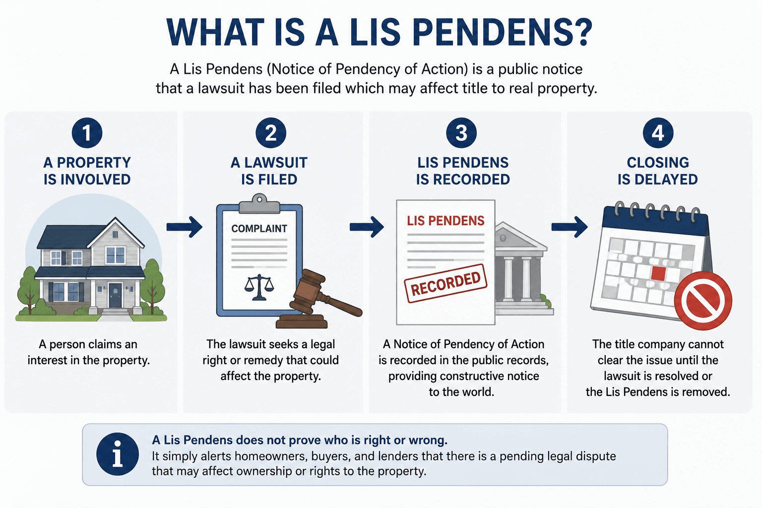 Diagram showing how a lawsuit and recorded Lis Pendens can create a title issue and delay a real estate closing.