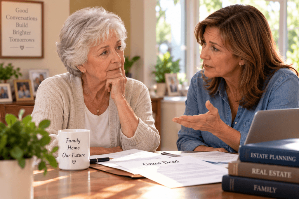 Mother and adult daughter discussing adding daughter to California property deed