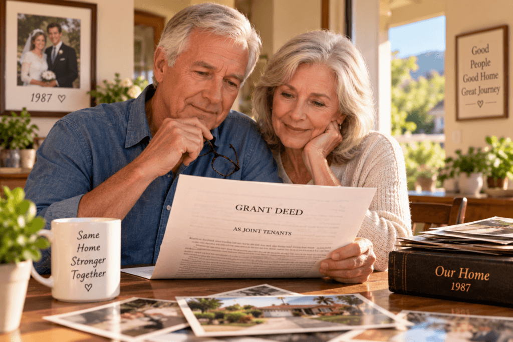 Longtime married homeowners reviewing joint tenancy deed