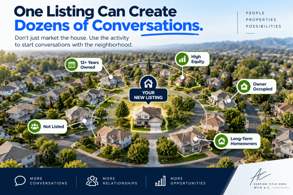 Realtor circle prospecting strategy using a new listing to identify nearby long-term homeowners