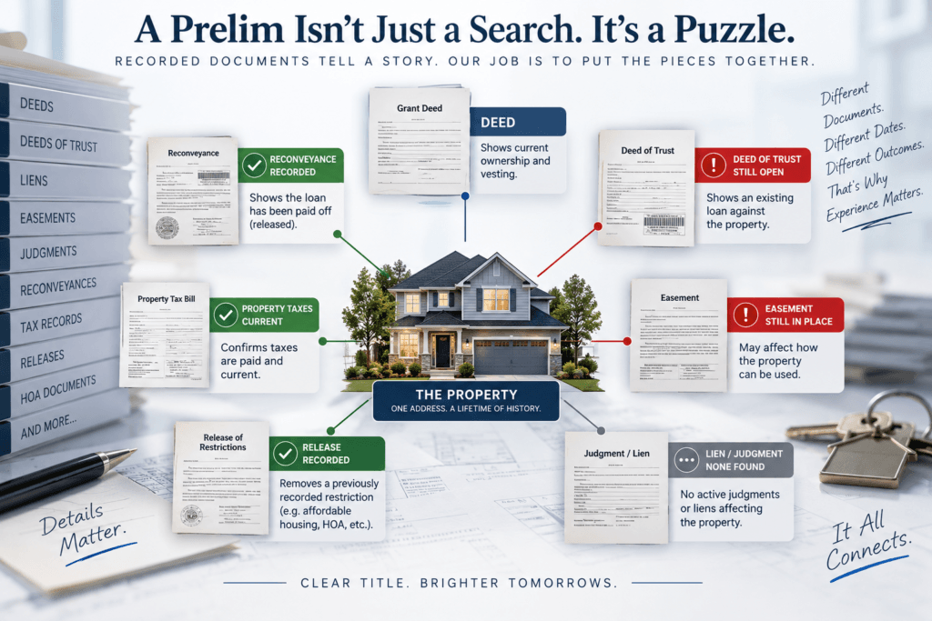 Diagram showing how deeds, loans, liens, easements, taxes, reconveyances and releases are reviewed when preparing a preliminary title report.