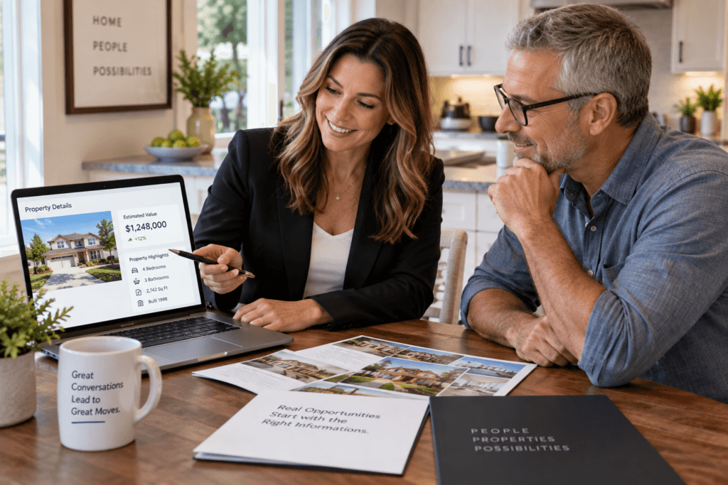 Realtor reviewing property information and home value with a homeowner at a kitchen table