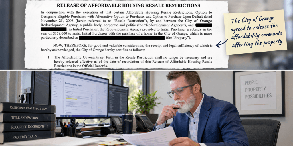 Adrian Crandall reviewing a preliminary title report and recorded property documents for a real estate transaction.