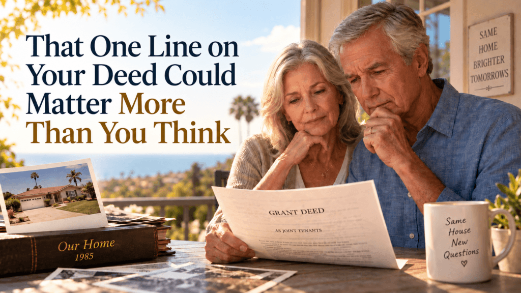 Longtime California homeowners reviewing a property deed and discussing how they hold title