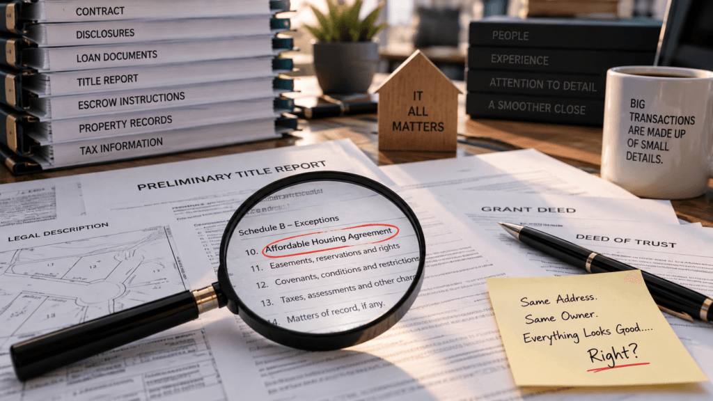 Magnifying glass highlighting an affordable housing agreement on a preliminary title report surrounded by real estate documents, illustrating how small details can impact a transaction.