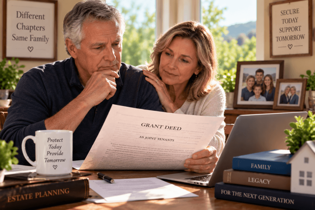 Unmarried couple reviewing joint tenancy on California home