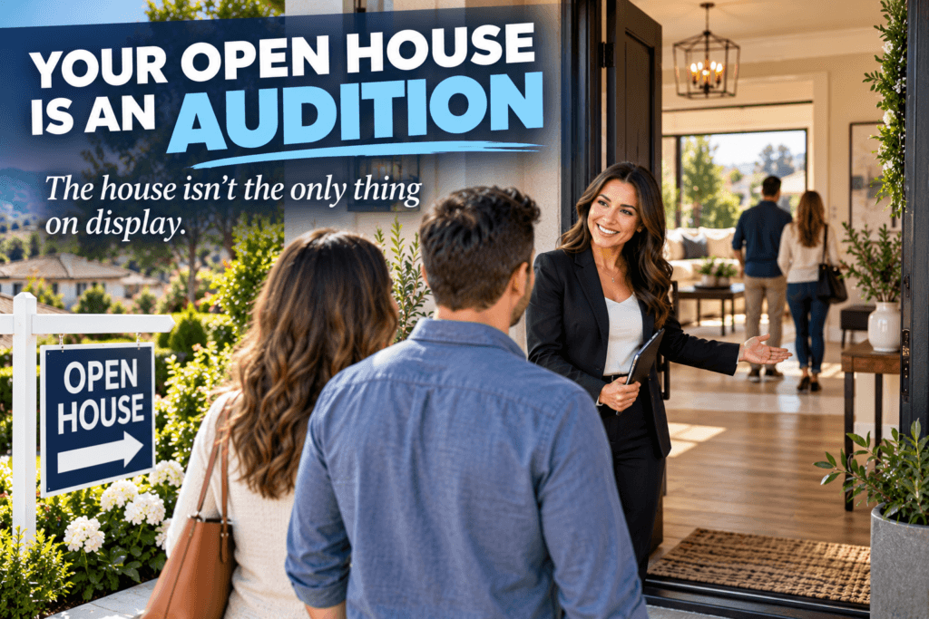 Realtor greeting visitors during an open house as part of a circle prospecting strategy