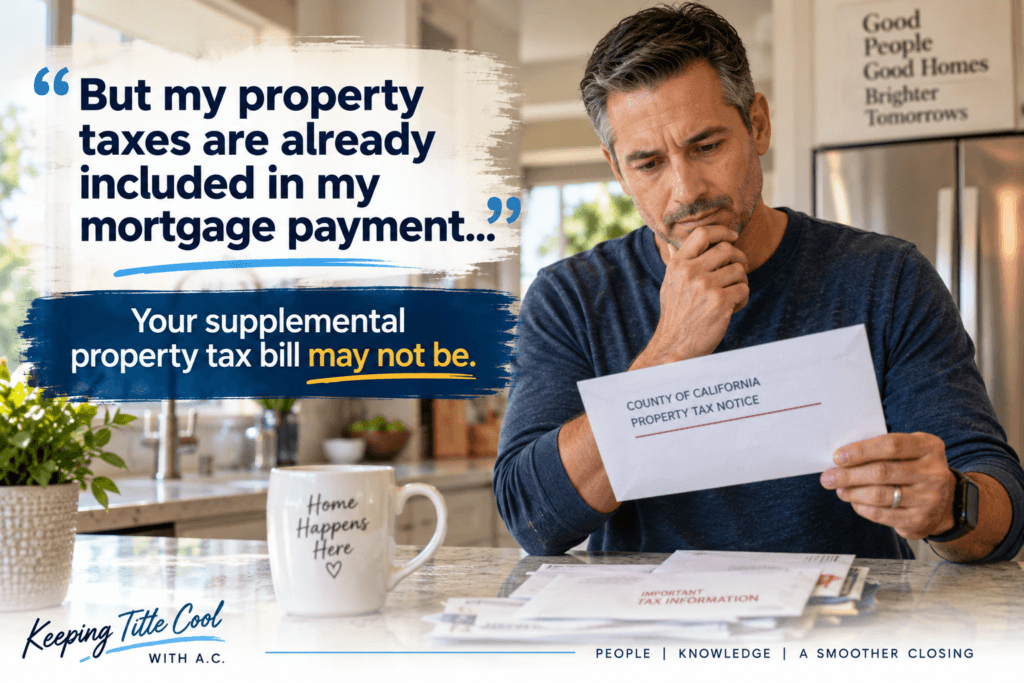 California homeowner reviewing supplemental property tax bill after closing